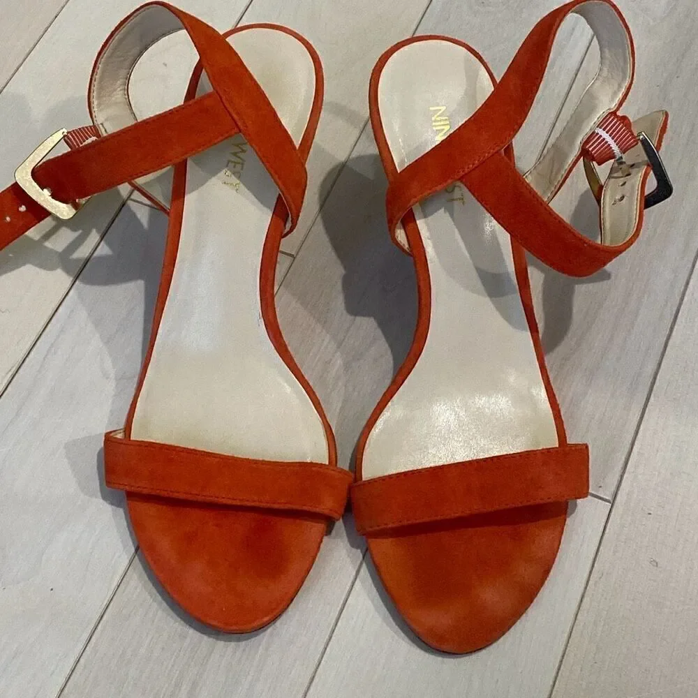 Nine West Women's Kiani Leather Wedge Sandals Wood Orange Size 8M